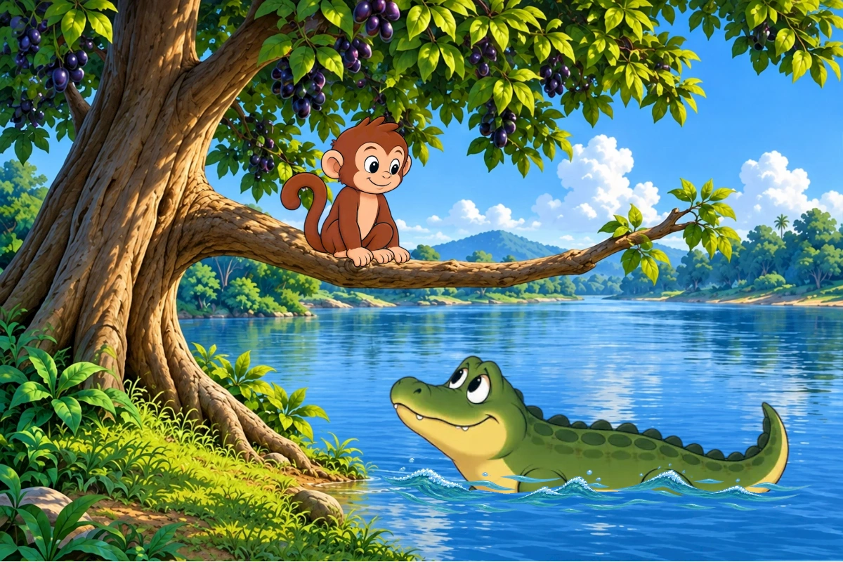 Monkey shares a ripe purple jamun with Crocodile below his tree.