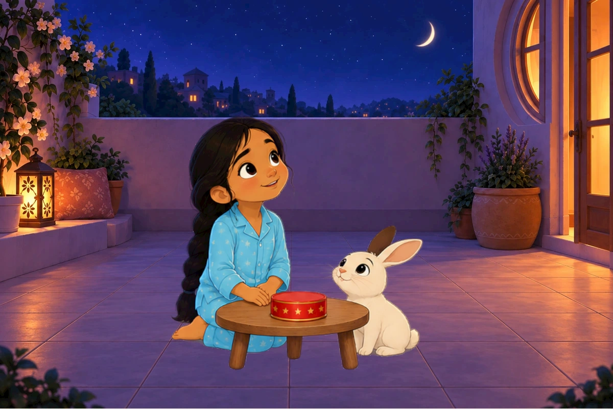 Asha and Chiku sit on a terrace with an empty round red tin beneath the crescent moon.