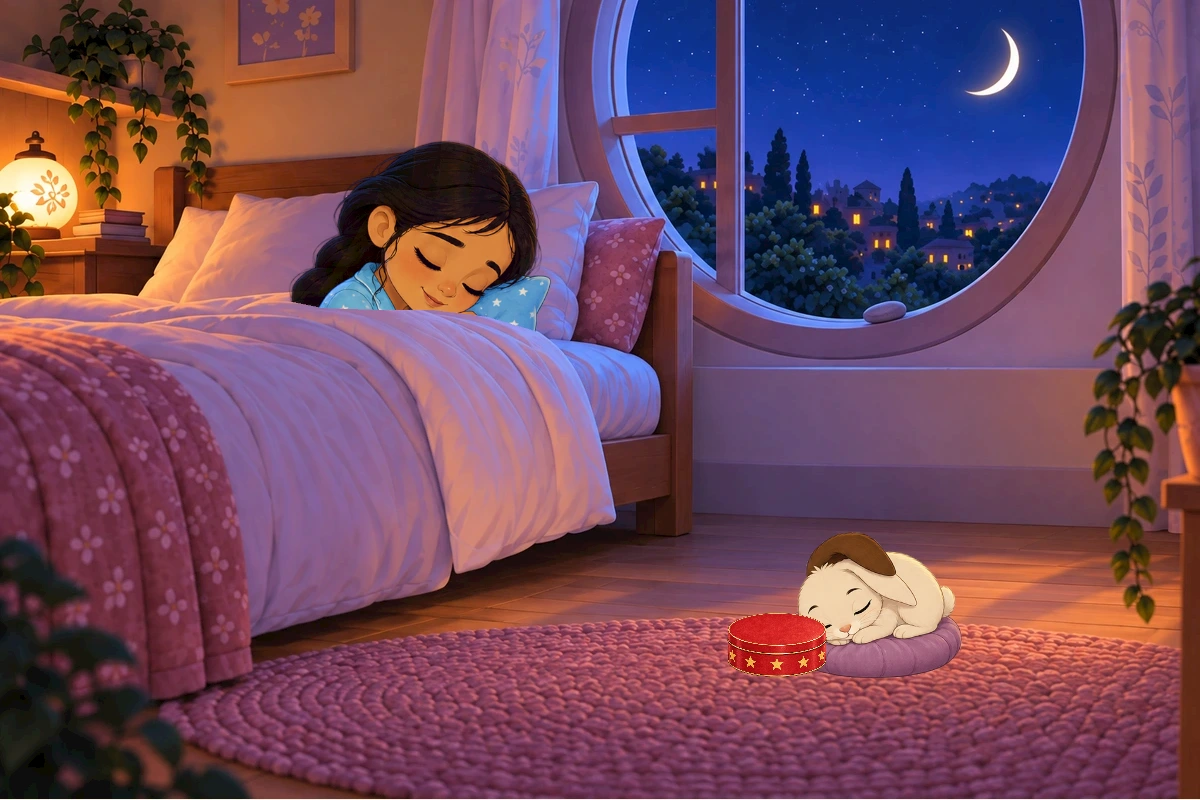 Chiku sleeps beside Asha. The closed red tin is by the bed, and the pebble rests on the windowsill.