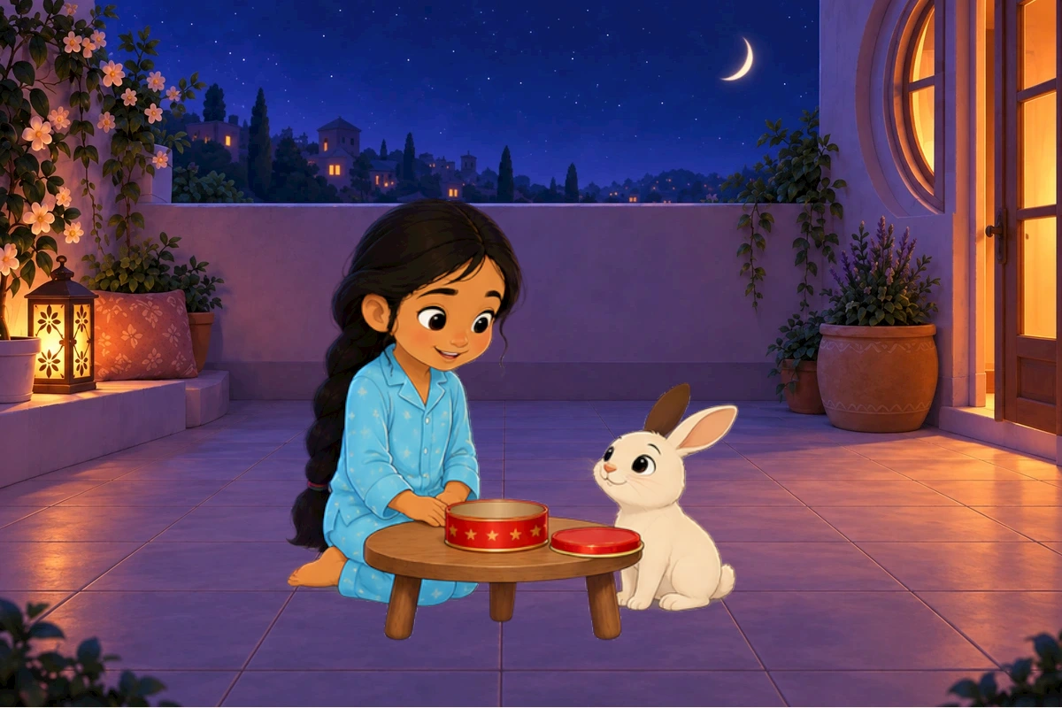 Asha and Chiku inspect the empty open red lunchbox.
