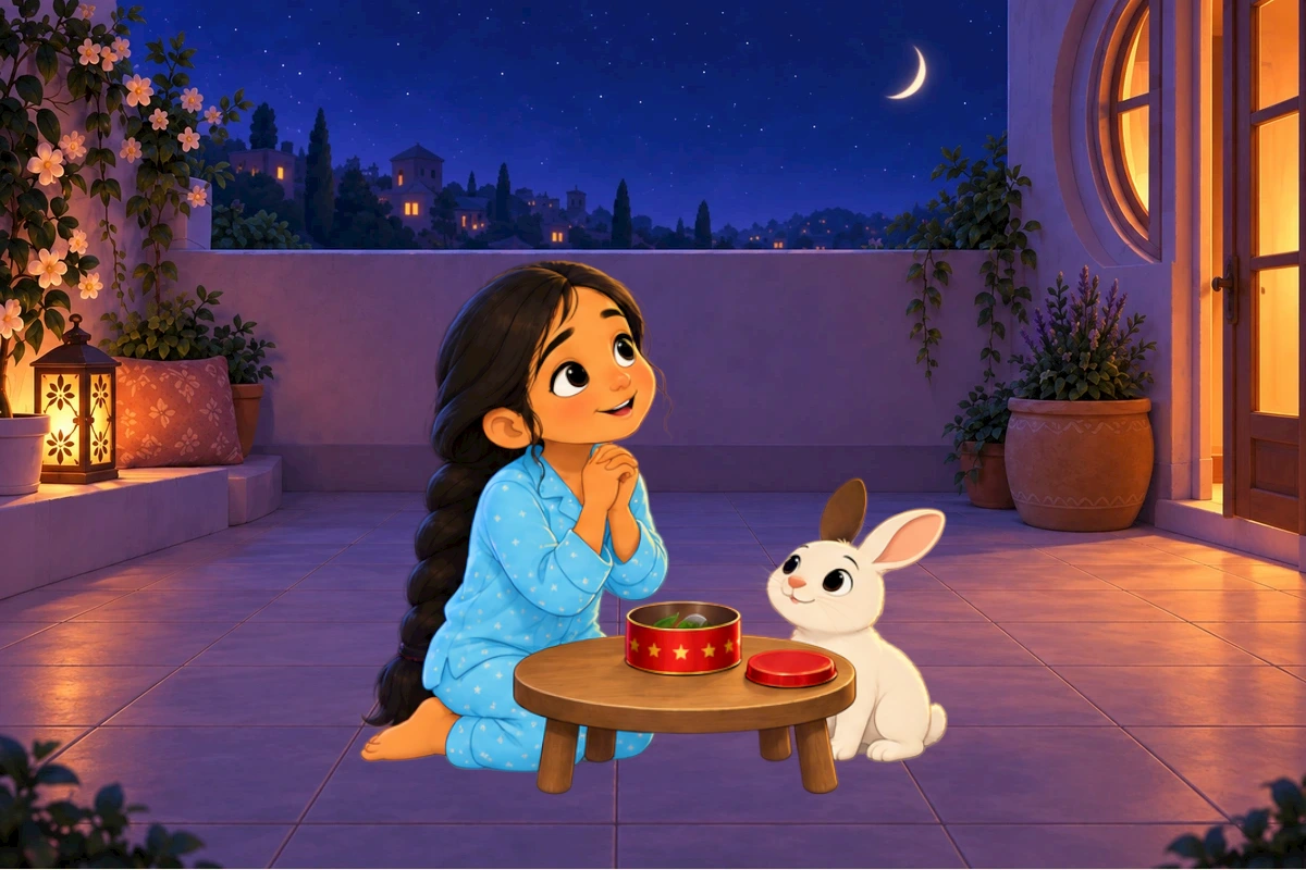 Asha and Chiku wait beneath the crescent moon beside their pretend meal in the red tin.