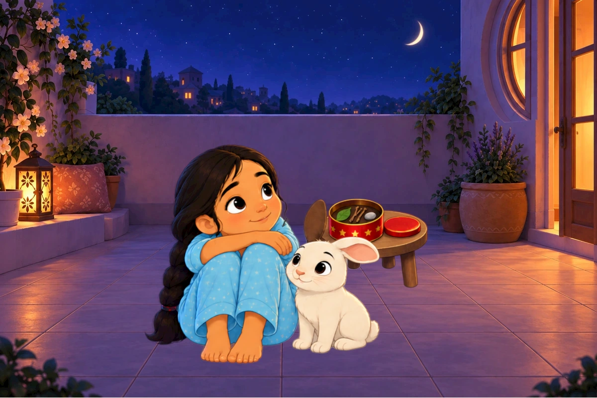 Asha sits beside Chiku under the moon, with the filled lunchbox on the table behind them.