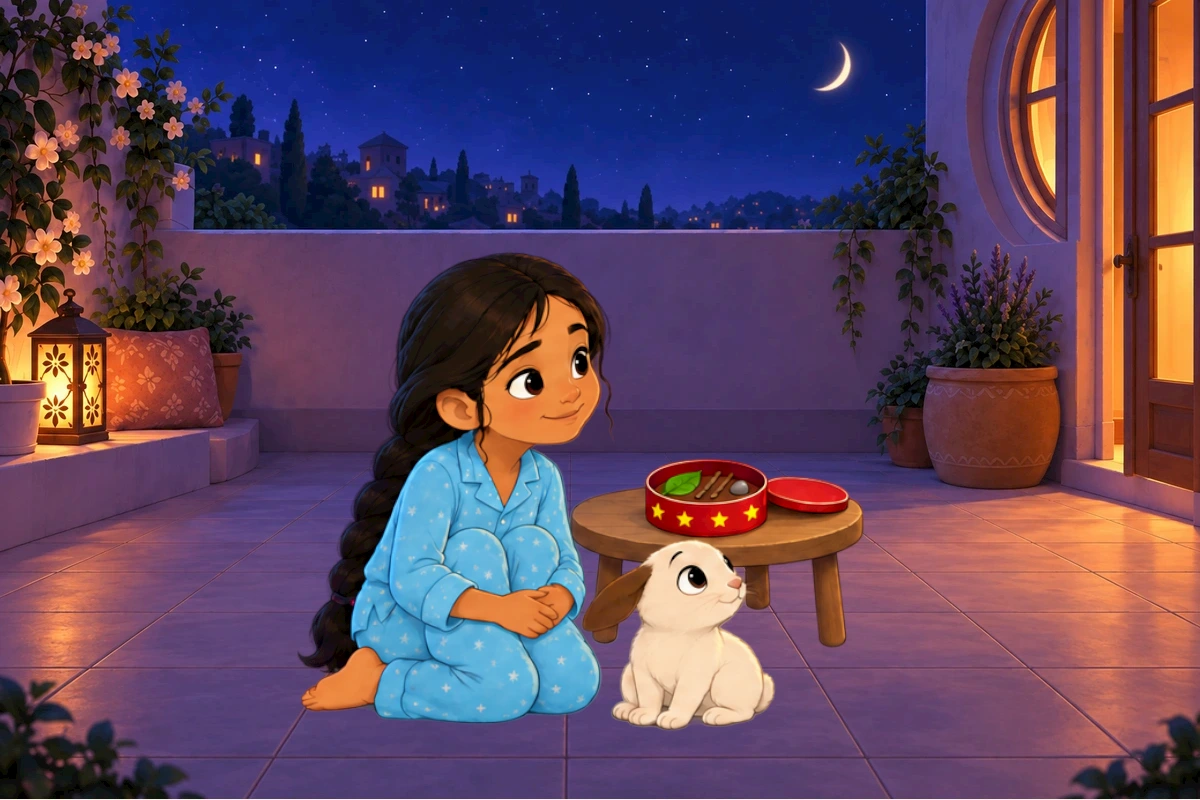 Asha and Chiku watch a moth in the warm light of the doorway.