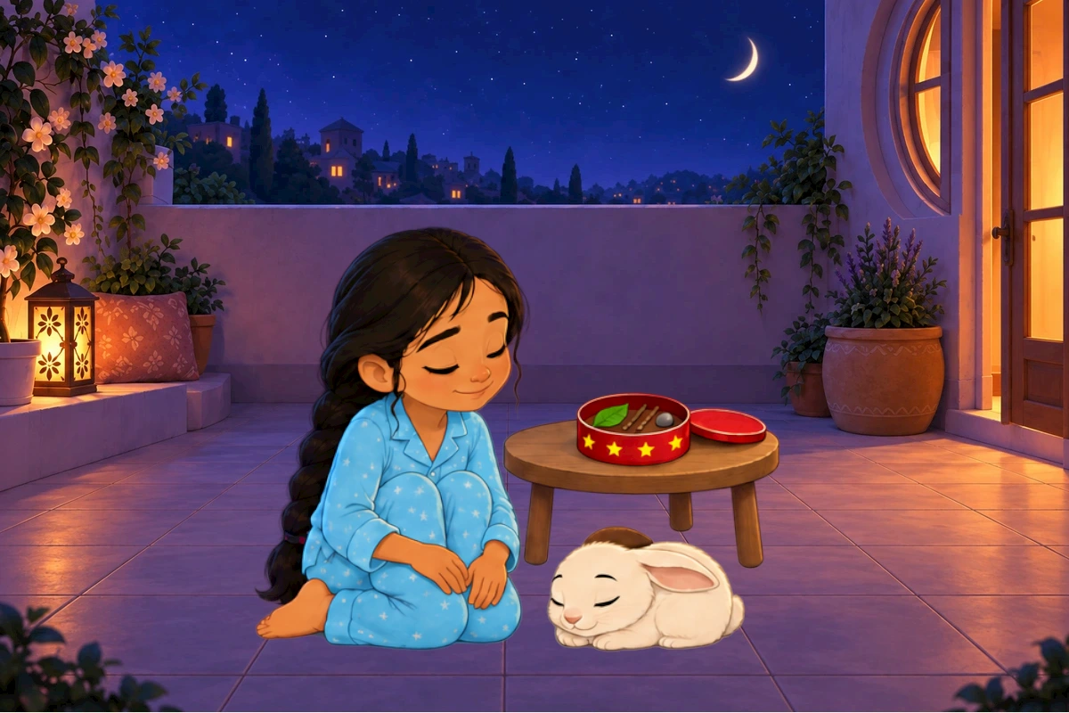 Asha rests her hand beside Chiku as they sit quietly beneath the distant moon.