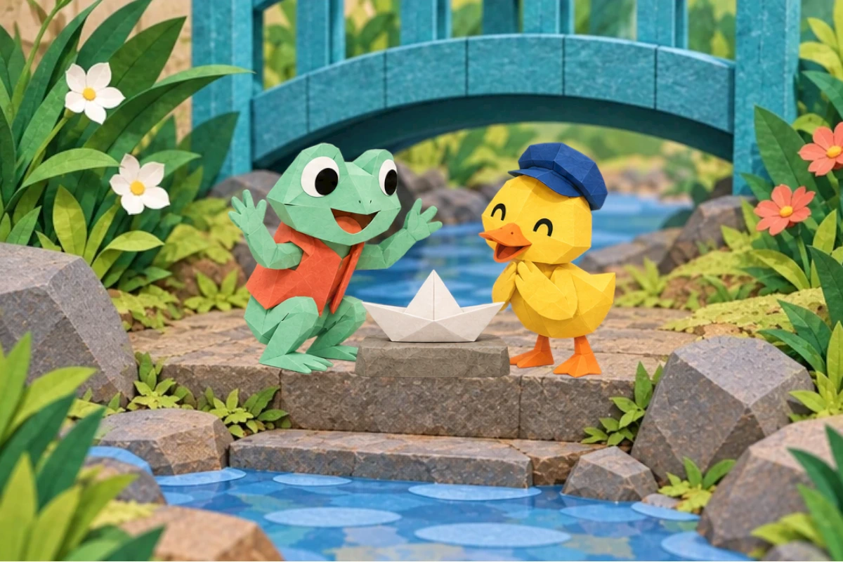 Pip the frog and Tala the duck make a white paper boat on a dry step.