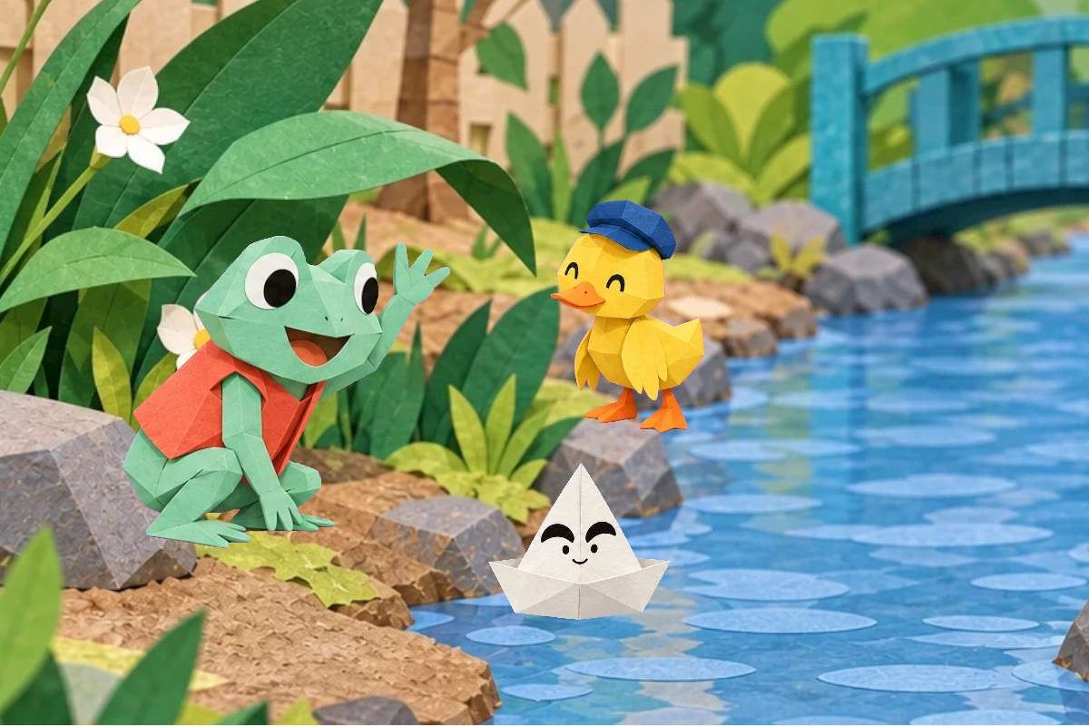 Pip and Tala launch their paper boat in the shallow stream near a teal bridge.