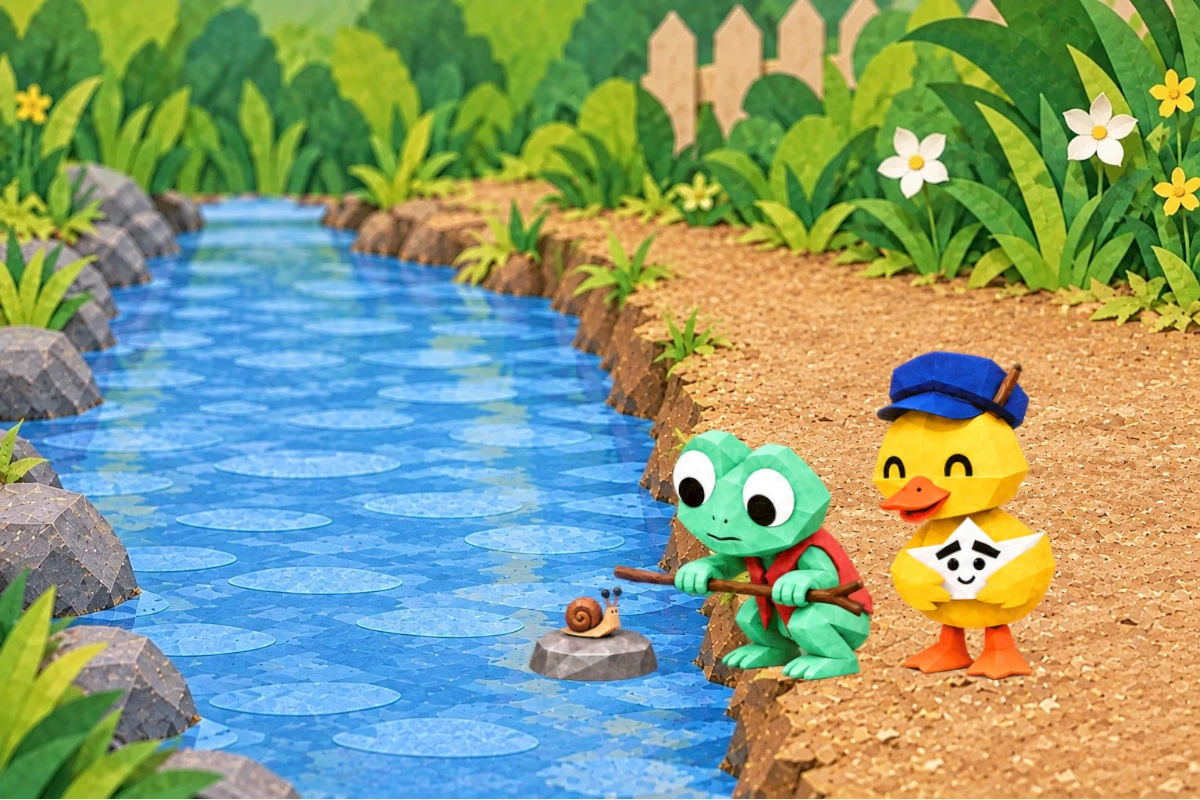 A snail waits on a stone while Tala holds the boat and Pip brings a twig.