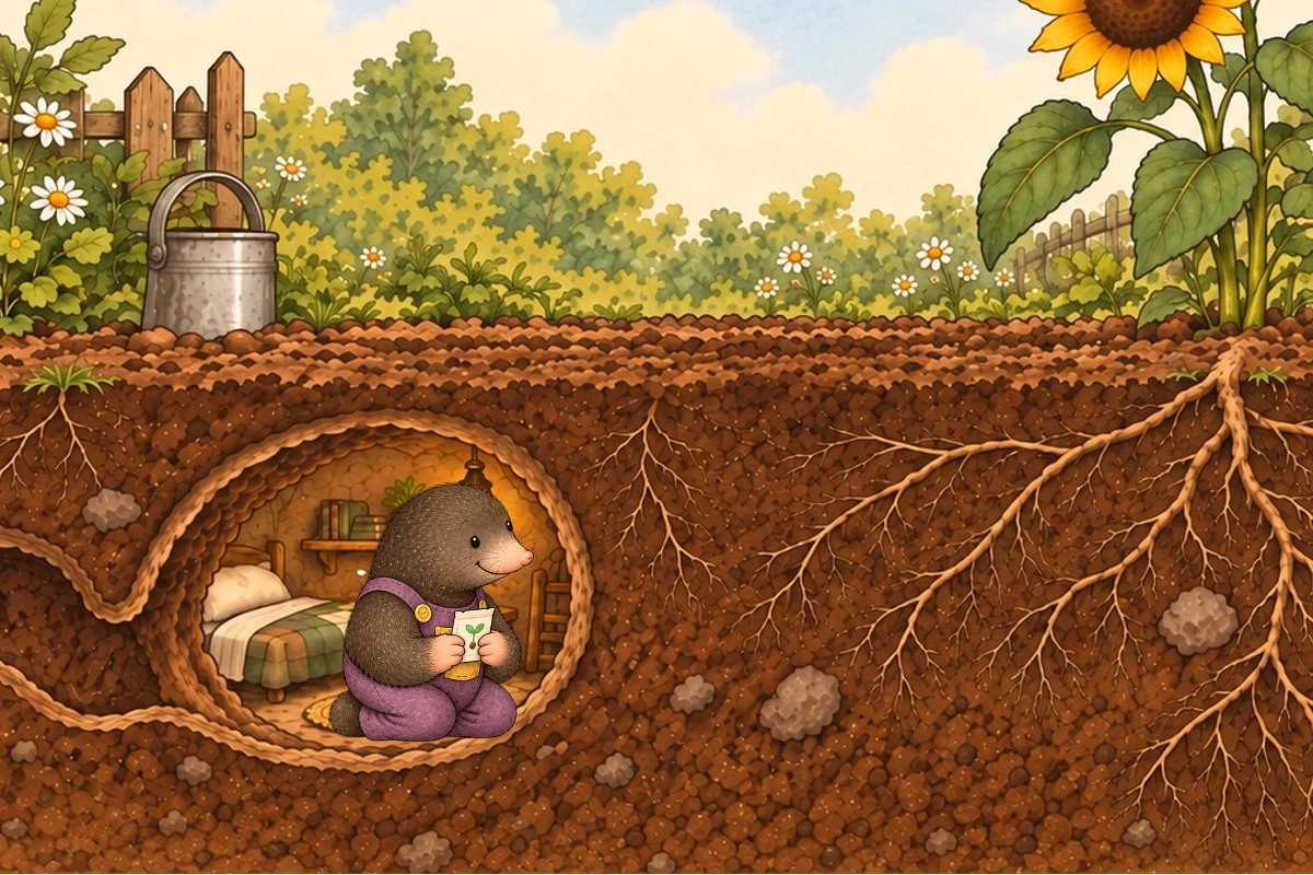 Milo the mole holds a seed packet in his burrow beside a stone shelf.