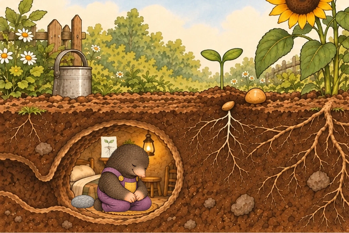 The two-leaf plant grows above Milo’s burrow, where his drawing rests on a shelf.