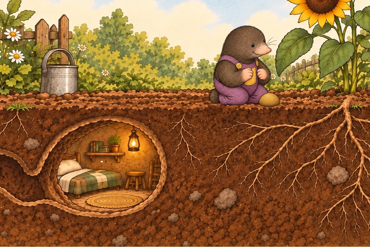 A cutaway shows Milo’s burrow beside a planting patch marked by an ochre pebble.