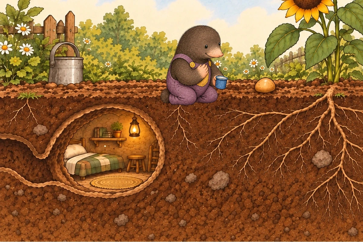 Milo looks at the bare soil and holds his hand above the planting patch.