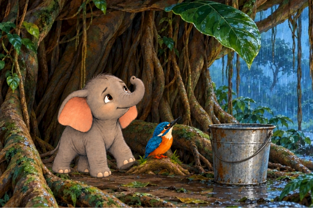 Tumbi the elephant calf and Kiki the kingfisher stand near a banyan tree as rain begins.