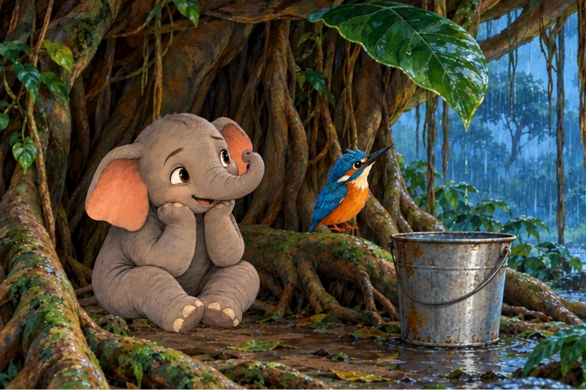 Tumbi and Kiki shelter beneath the banyan beside a metal bucket and a dripping leaf.