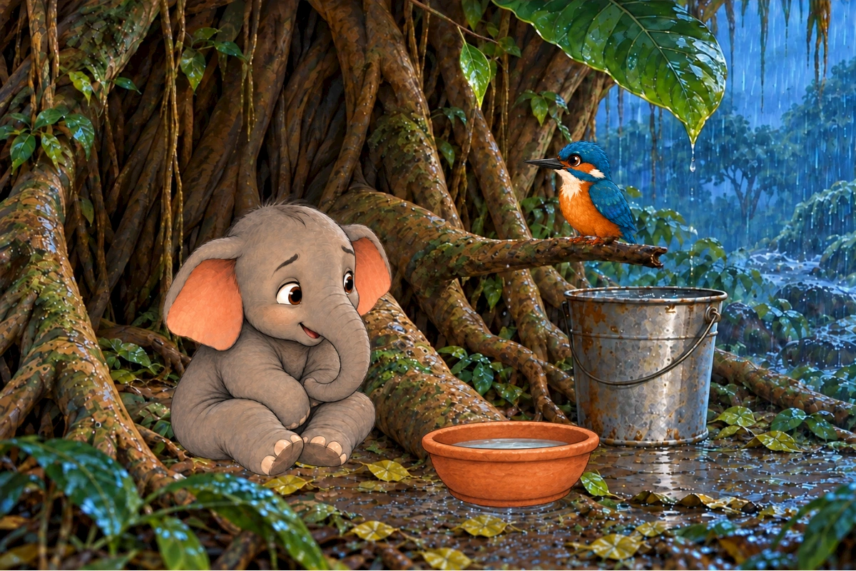 Tumbi moves a clay bowl beneath a drip while Kiki stays on a dry perch.