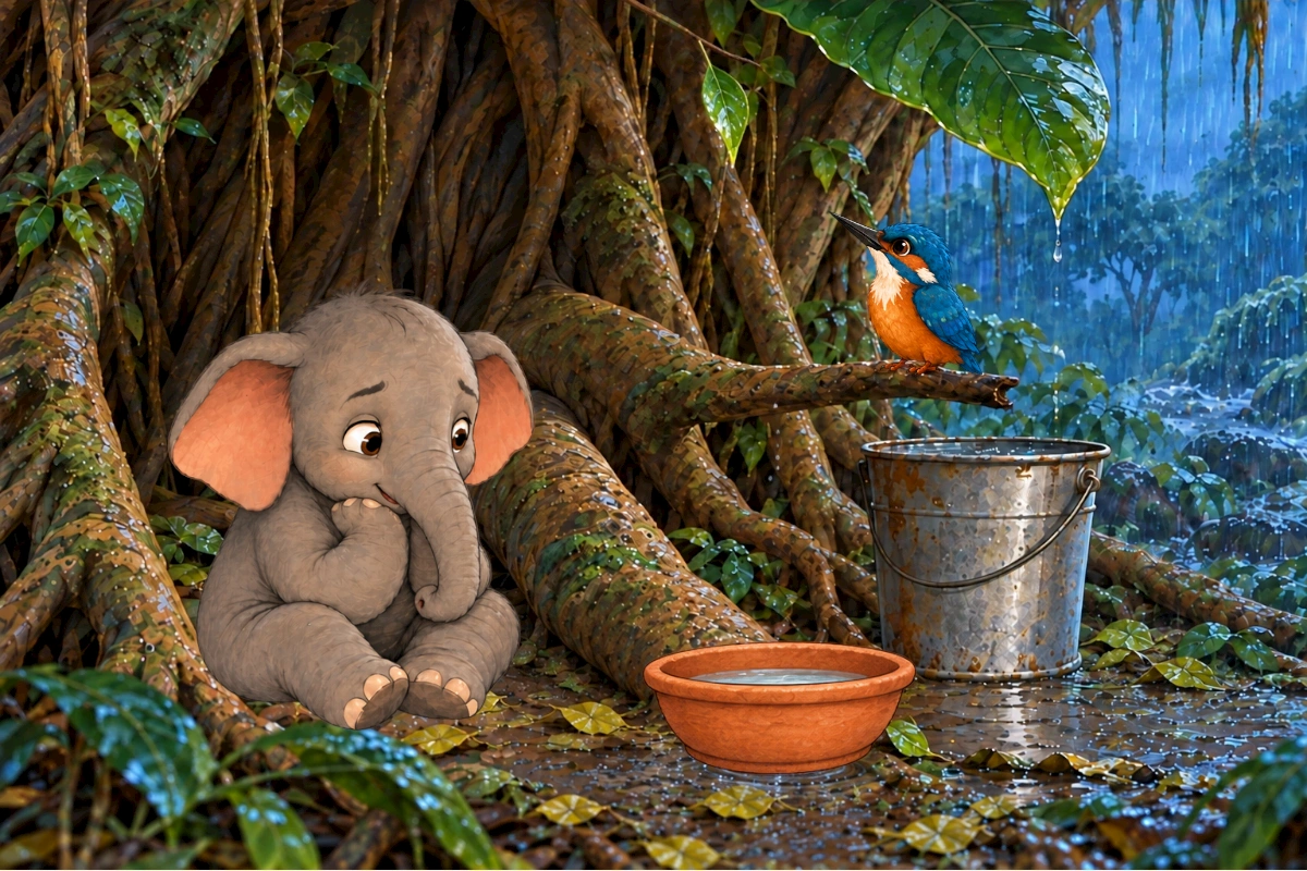 The rain grows lighter around Tumbi, Kiki, the bucket, and the bowl.