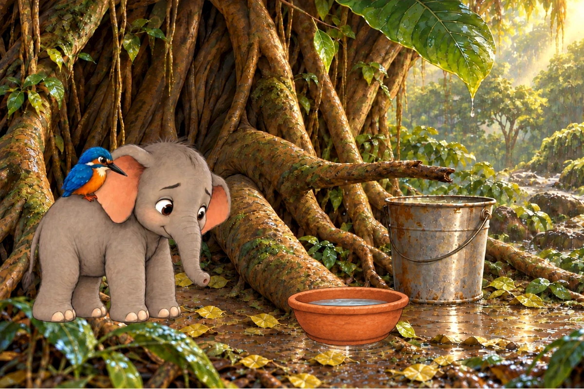 Tumbi and Kiki wait for one last drop above the metal bucket.