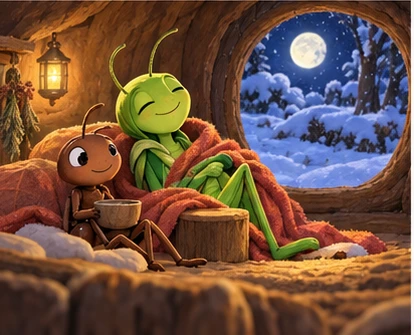 Cosy ant chamber with grasshopper, snowy moonlit tree outside.