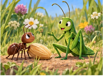 Ant listening briefly to grasshopper beside grain on grass.