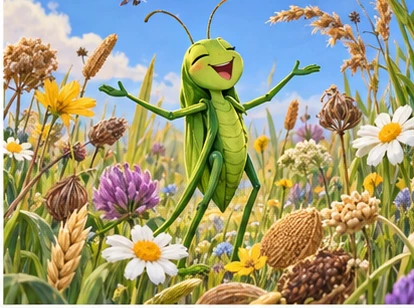 Grasshopper singing among abundant summer seeds and flowers.