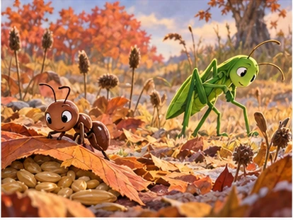 Autumn meadow; ant covering grain, grasshopper looking for shoots.