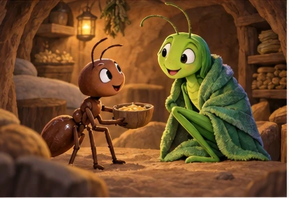 Ant welcoming grasshopper into grain chamber with small bowl.
