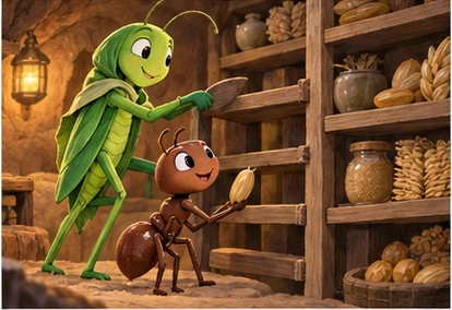 Grasshopper helping ant repair wooden shelf, grain safely stored.