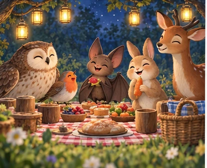 Bat among birds and ground animals at inclusive evening picnic.