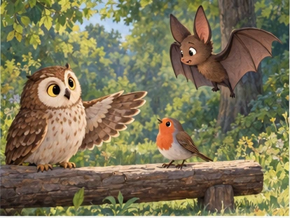 Owl inviting bat near birds bench, bat declining.