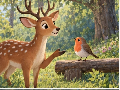 Deer and robin proposing sharing in clearing.