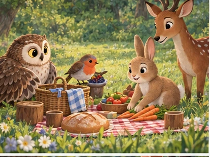 Birds and ground animals preparing shared picnic on grass.
