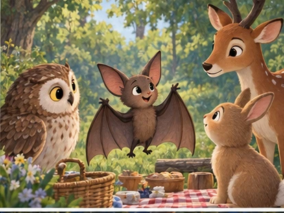 Bat talking between owl rabbit and deer beside picnic.