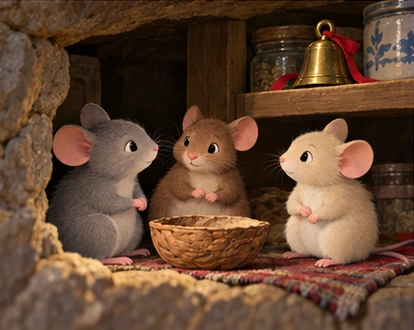 Mice planning calmly in nook with unused bell on shelf.
