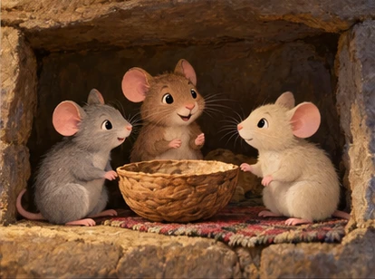 Mice meeting around walnut shell in cosy nook.