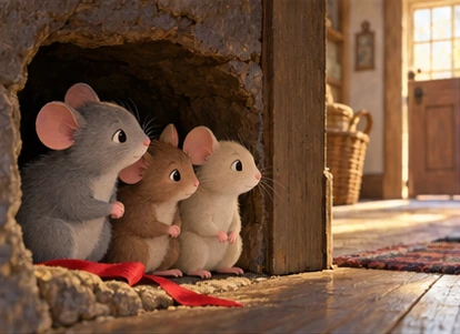 Mice quietly looking at ribbon and distant doorway.
