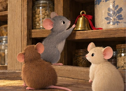 Mice placing unused bell safely on shelf.
