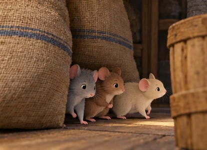 Mice following sheltered route behind flour sacks.