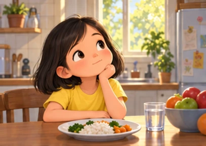 Girl in yellow shirt pondering beside kitchen table, ordinary body.