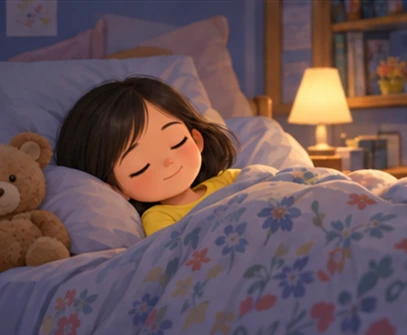 Girl peacefully asleep in evening bedroom after normal meals.