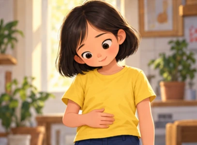 A girl rests a hand thoughtfully over her belly.