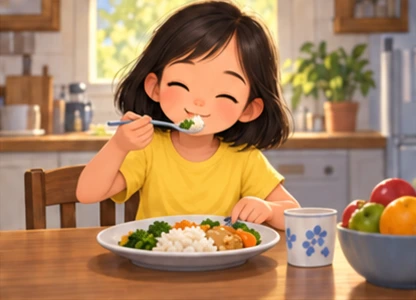 Girl eating meal normally at kitchen table.