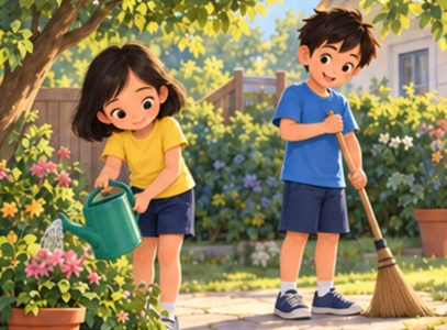 Girl watering plant while brother sweeps, ordinary family garden.