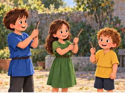 Children holding individual snapped dry twigs, safe distance.