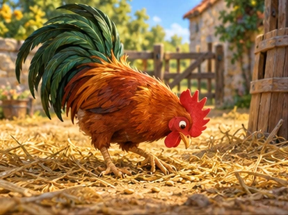 Russet rooster scratching straw in sunny farmyard.
