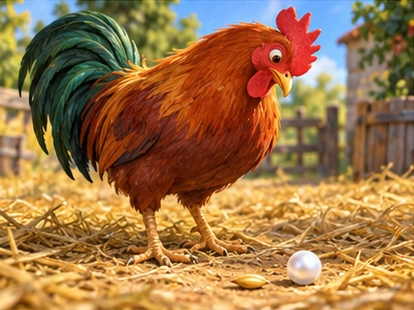 Rooster considering pearl beside one barley grain.