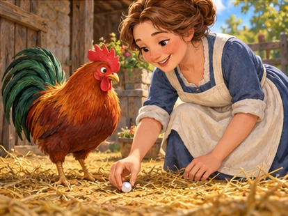 Farm woman finding pearl near rooster and straw.