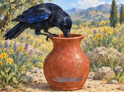 Crow leaning over pitcher rim without reaching low water.