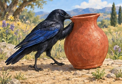 Crow pushing pitcher on flat ground; pitcher remains upright.