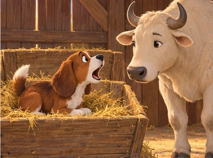 Dog barking from manger while ox pauses calmly.