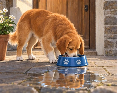 Dog eating real bowl by doorway with harmless puddle reflection.