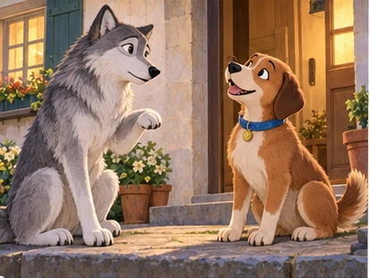 Wolf asking dog about blue collar near farmhouse doorway.